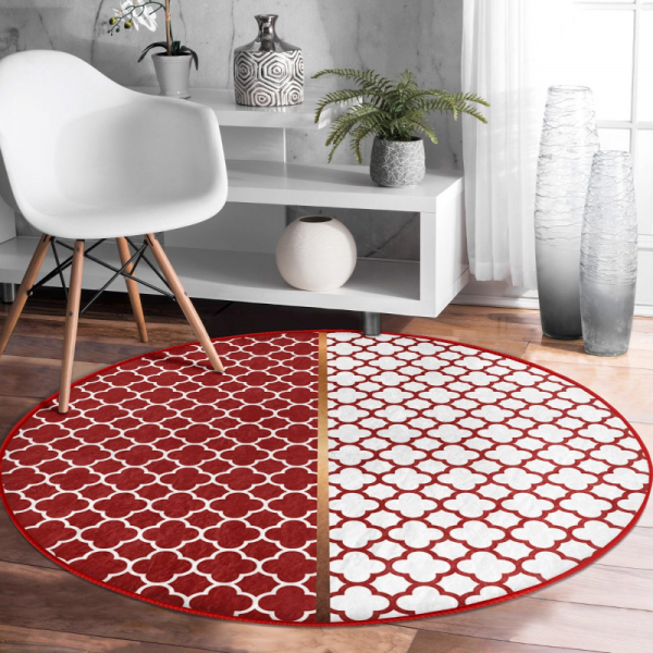 Bordo Ve Beyaz Ogea Desenli Dijital Baskılı Kaymaz Tabanlı Yuvarlak Halı