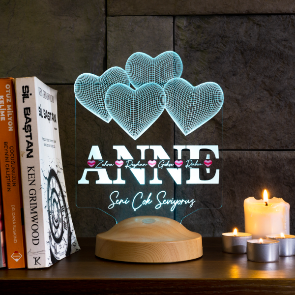 Anneler Günü Hediyesi, Anneye Hediye Kalpli Renkli İsim Yazılı Kişiye Özel 3d Led Lamba 