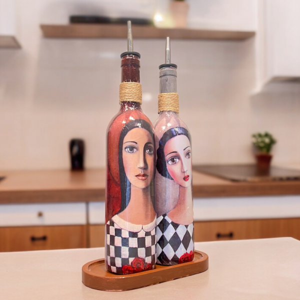El Yapımı Ekoseli Kadın 750 Ml Zeytinyağı Sıvıyağ Şişesi Yağdanlık Yağlık Sirkelik Sosluk 2'li Set