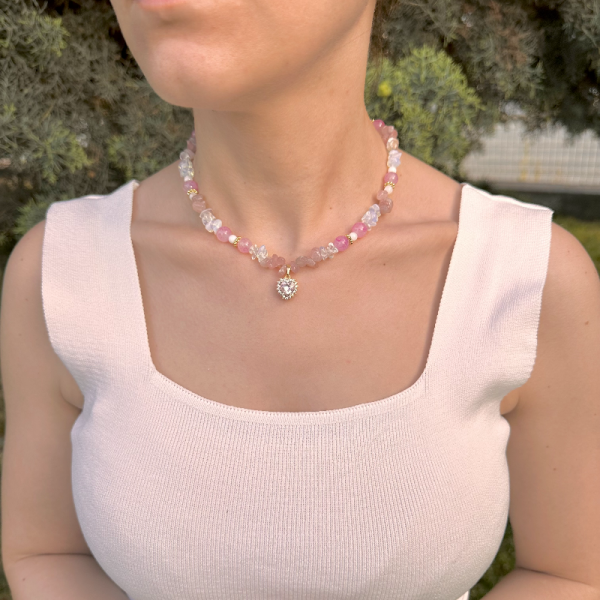 Doğal Kırık Pembe Kuvars Ve Ay Taşılı Kedi Gözlü Pembe Zirkon Taş Kalp Kolye