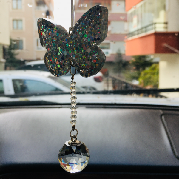 Pırıltılı Kelebek Ve Kristal Taşlı Araba Süsü