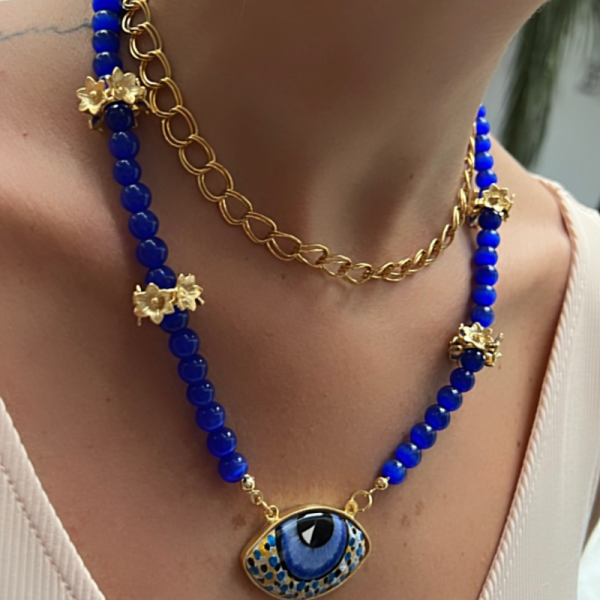 Kutcha Accessories Büyük Seramik Göz Mavi Boncuk Tasarım Kolye Ve Altın Kaplama Zincir Kolye İkili S