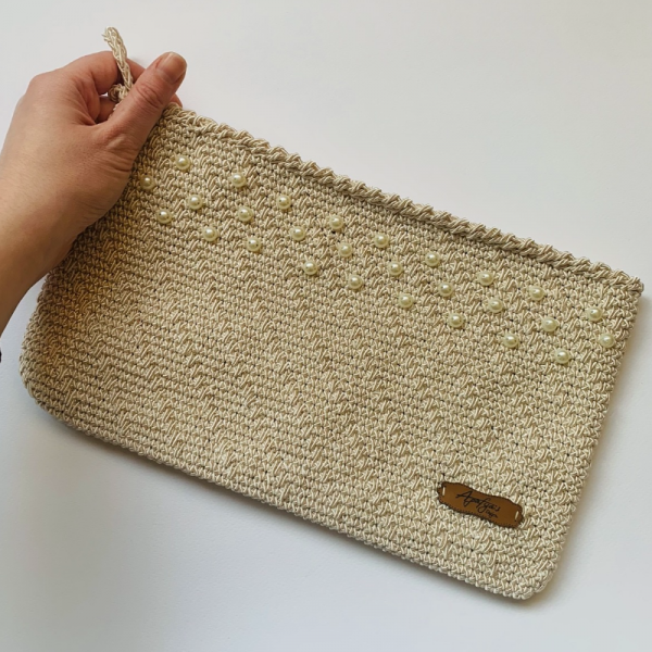 İncili Krem Rengi Örgü Portföy/ Clutch Çanta