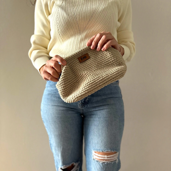 Bej Rengi Burslu Puffy Midi Clutch Çanta - Hediyesi Var