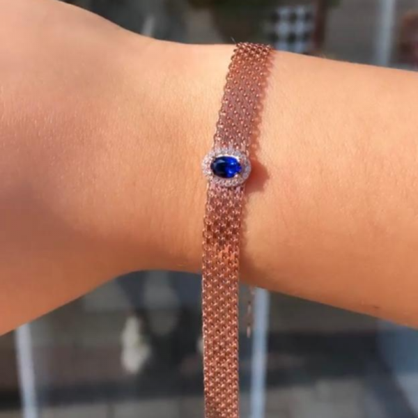 925 Ayar Gümüş Rose Renk Safir Taşlı Hasır Örme Bileklik