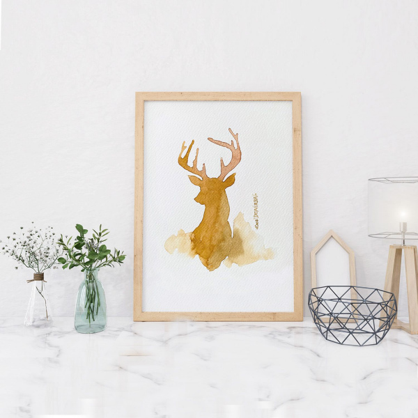 Modern Art Geyik Orjinal Suluboya Dijital Baskı Resim Ofis Dekor
