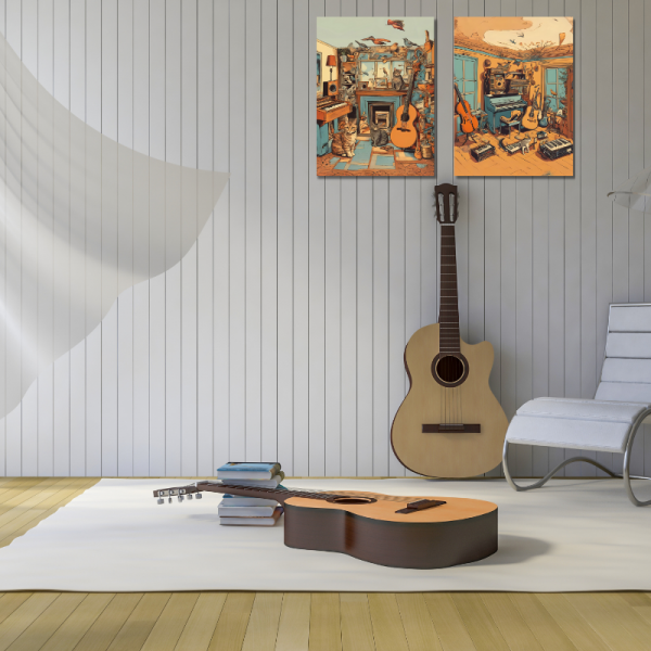 2'li Mdf Tablo Seti, Retro Müzik Aletleri Ve Hayvanlar, Vintage Poster, Duvar Dekorasyonu