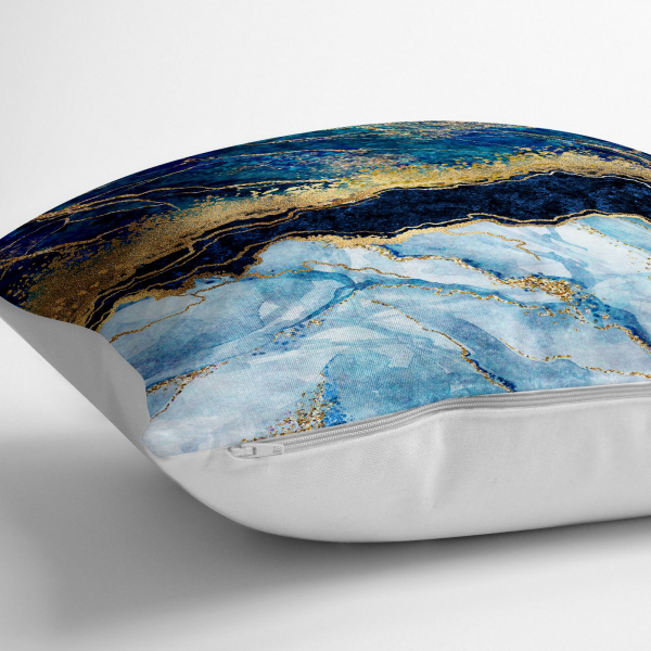 Altın Varaklı Mavi Zeminli Modern Yer Minderi Kılıfı - 70 x 70 cm