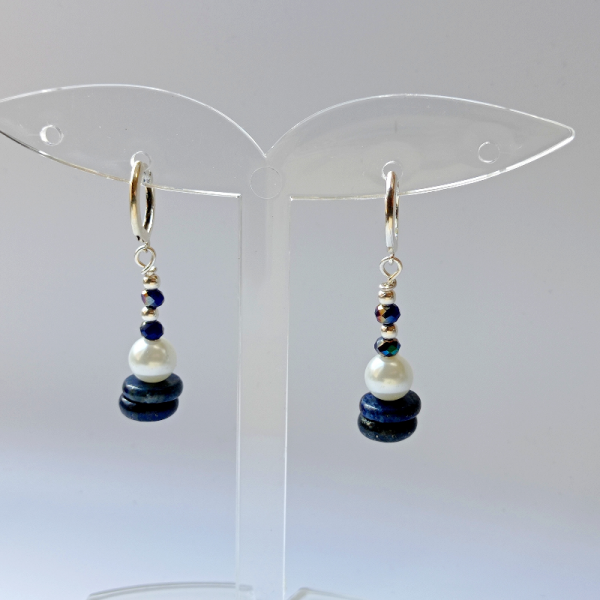 Lapis Lazuli Taşlı Ve İncili 925 Ayar Gümüş Küpe 