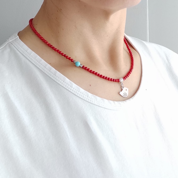 Kuş Detaylı Mercan Kolye