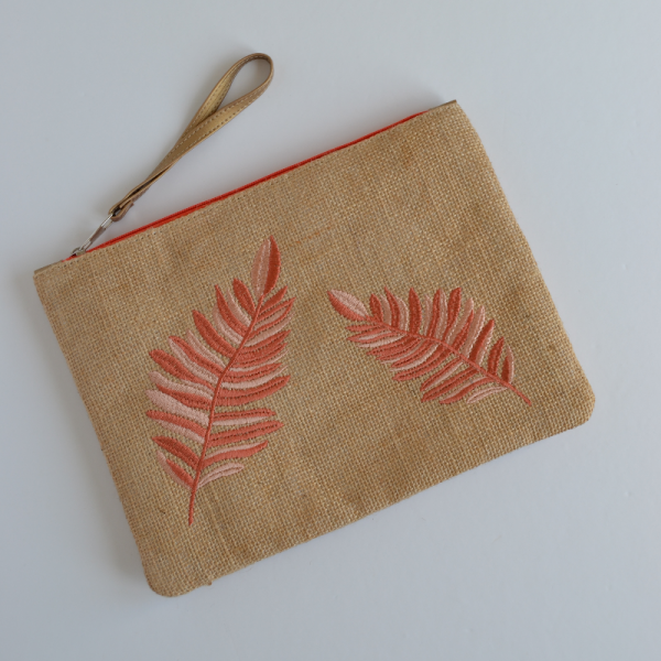 Yaprak Desenli Jüt Hasır Clutch Kahverengi Turuncu