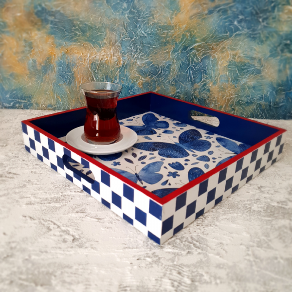 Kelebek Desenli Ahşap Tepsi 