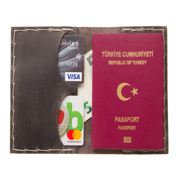 Berlin Adventure Begin Baskılı, Gri Deri Pasaport Cüzdanı