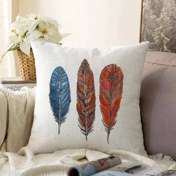 Beyaz Zeminde Üç Renkli Tüy Kırlent Kılıfı - 55 x 55 cm