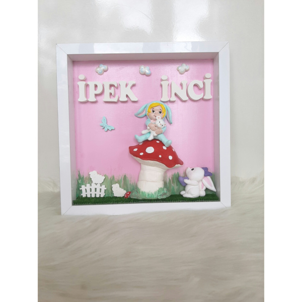 Mantar Üzerinde Oturan Bebek/çocuk Odası Ahşap Kapı Süsü