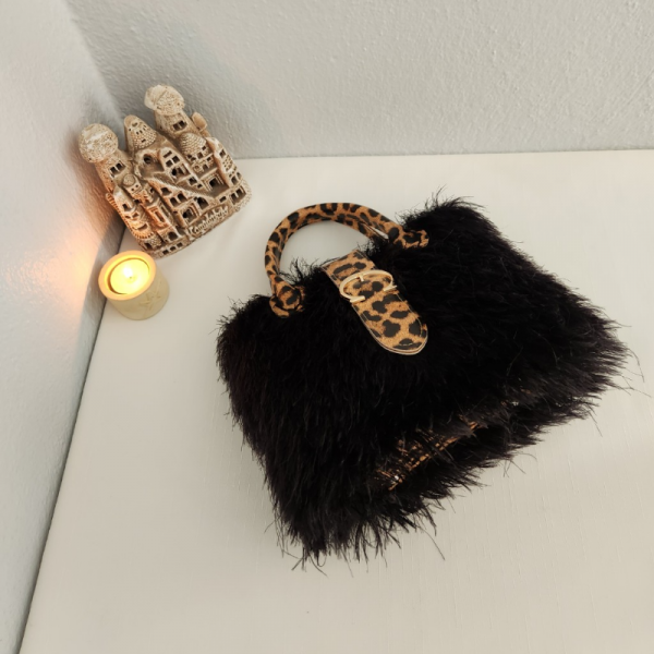 Gucci Model, Leopar Desenli, Handmade, Tavşan Tüyü, Kadın El Çantası