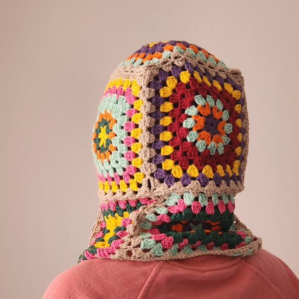Balaklava Boyunluk, Kare Motifli  Balaclava, Tığ İşi El Örgüsü Boyunluk Şapka - Bej