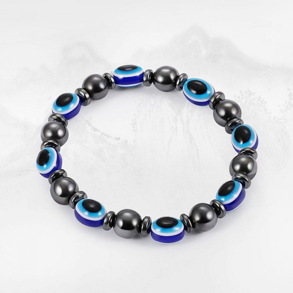 Hematit Doğal Taş Nazar Boncuklu Elastik Bileklik- Balance Jewelry