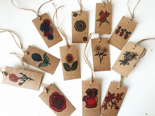 Çiçek / Floral Temalı Mini Bağlamalı Hediye / Dekoratif Kart Seti (12li paket)