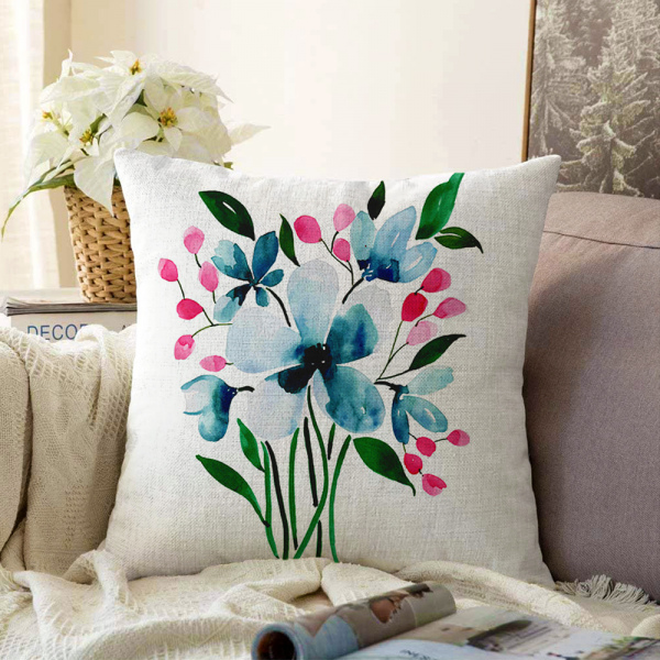 Çift Taraflı Modern Çiçek Şönil Yastık Kılıfı - 55 x 55 cm