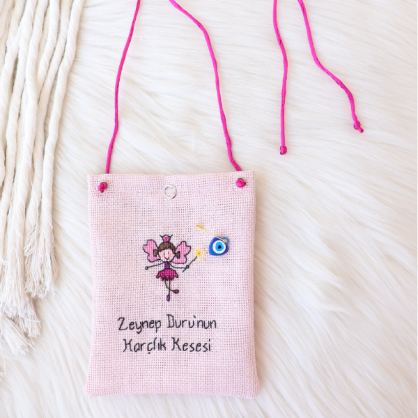 Kişiye Özel İsimli Bayram Harçlık Kesesi - Pembe Peri Kızı