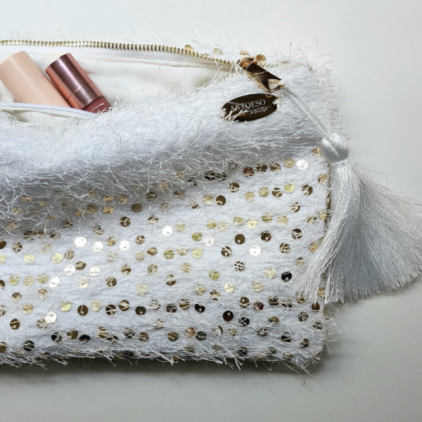 Golden Flakes - Beyaz Tüylü Ve Altın Payetli Clutch Çanta