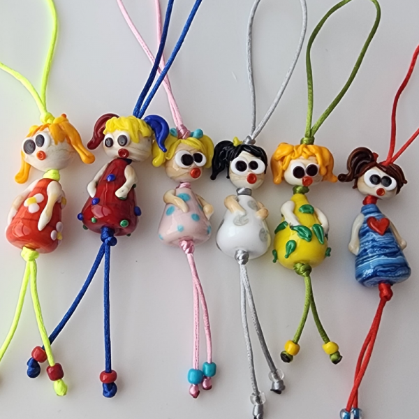 El Yapımı Murano Cam Boncuk Bebek Figür Anahtarlık Telefon Süsü Charm Askı