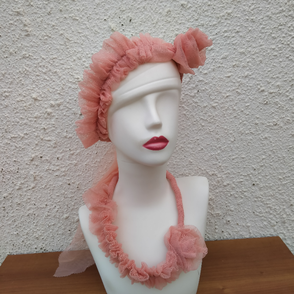 Pembe El Yapımı Likralı Organze Arkadan Bağlamalı Saç Bandı Kolye Fular 