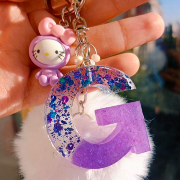 Ponponlu Hello Kitty Mor Sevimli Epoksi Reçine Harf Anahtarlık (sipariş Notunda Harf Belirtiniz) Kolye Hediyesi Var