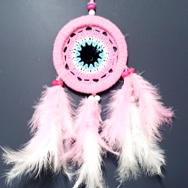 Pembe Dream Catcther Pembe Ve Beyaz Kuş Tüylü Düş Kapanı El Yapımı Duvar Süsü