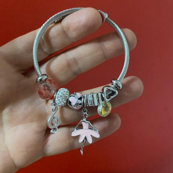 Gümüş Renk Pembe Balerin Figür Zirkon Taşlı Charm Bileklik