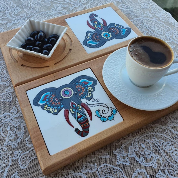Sunumluk - Fil Desenli Kahve, Çay Sunumluğu