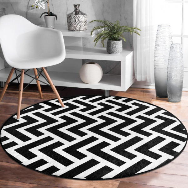 Siyah Beyaz Renkli Zigzag Desenli Yuvarlak Halı
