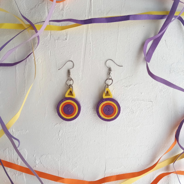 El Yapımı Quilling Takı Doğa Mor Turuncu Sarı Küpe