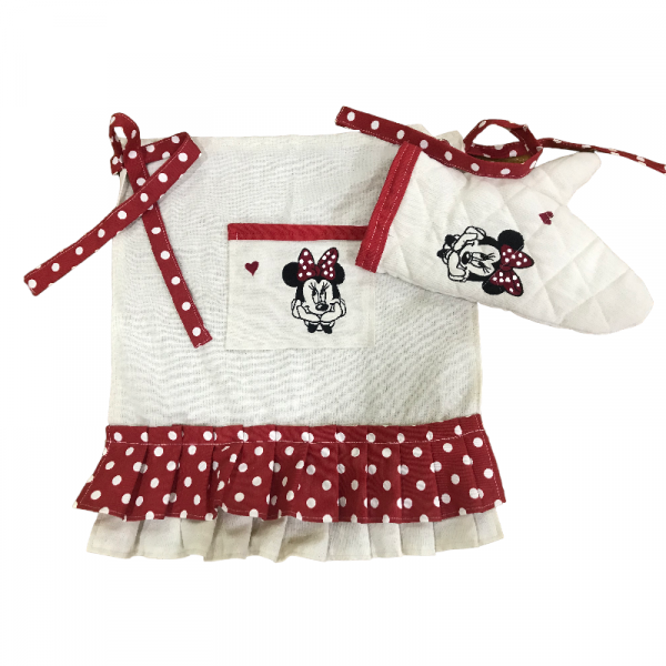 Minnie Mouse Nakışlı, Fırfırlı, Buldan Keten Fırın Önlüğü (örtüsü) Ve Eldiveni
