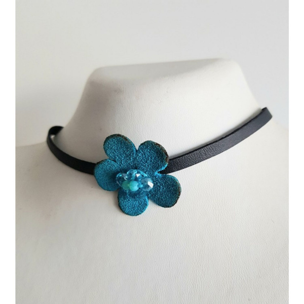 Yılbaşı Hediyesi Turkuaz Süet Çiçekli Choker