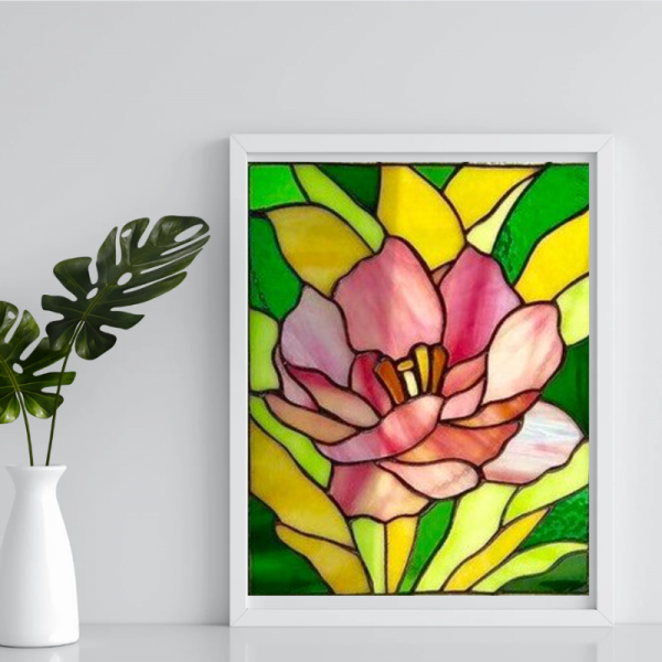 Tablo Vitray Cam Tasarım '' Pembe Çiçek  '' 