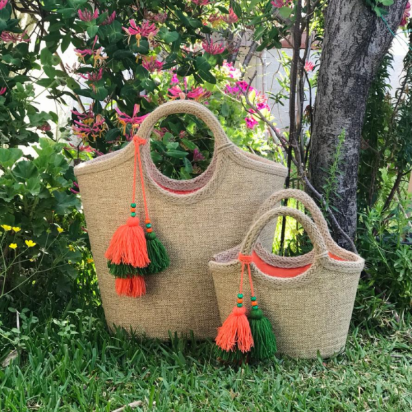 Anne & Kız Kombin Plaj Çantası Jüt Desen