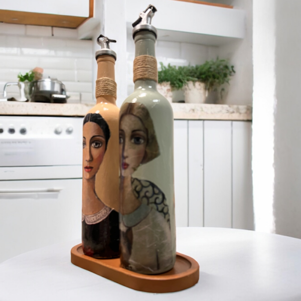 Kadın Desenli 750 Ml Zeytinyağı Sıvıyağ Şişesi Yağdanlık Yağlık Sirkelik Sosluk 2'li Set