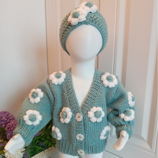 El Örgüsü 2 Yaşa  Kadar Kiz Bebek Su Yeşi̇li̇  Çi̇çekli̇ Crop Hirka + Bandana 