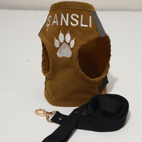 Kedi Gezdirme Tasması Kaçış Önleyici Nakışlı Isimli Kedi Tasması Taba