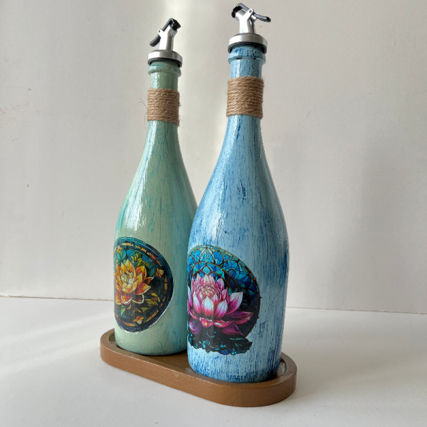 Özel Tasarım Lotus Çiçeği Desenli Sunum Stantlı 2'li 75 Ml Zeytinyağı Sıvıyağ Şişesi Yağdanlık