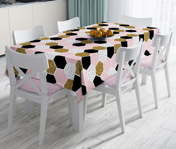 Geometrik Petek Desenli Altın Detaylı Modern Leke Tutmaz Masa Örtüsü