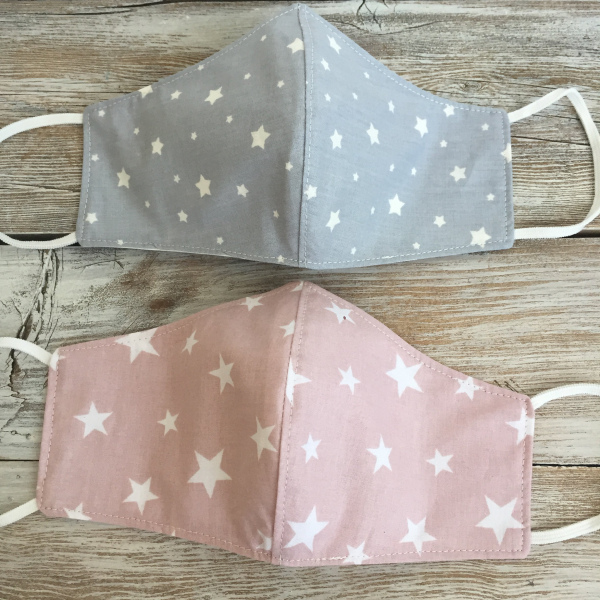 Gri Ve Pembe Yıldızlı 2'li Maske Set. Kadın Erkek Kumaş Maske.