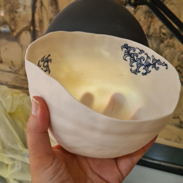 Işığı Geçiren Porselen Dekoratif Çanak.. Mavi Dekorlu Kase