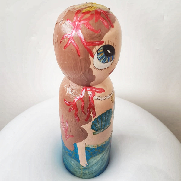 Kiki People _Özel Tasarım Ahşap Bebek, Turkuaz Denizkızı; 21 cm