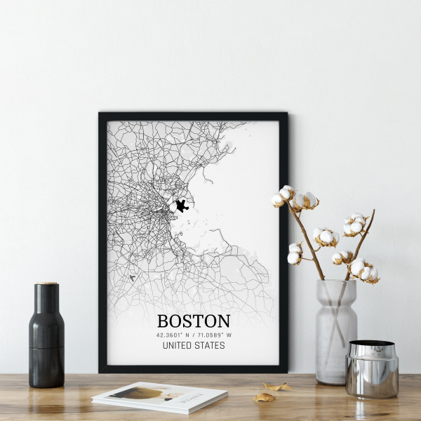 Modern Boston Şehir Tablosu Siyah Beyaz Çerçeveli