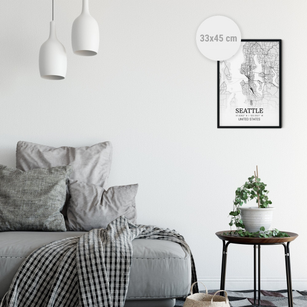 Modern Seattle Şehir Tablosu Siyah Beyaz Çerçeveli