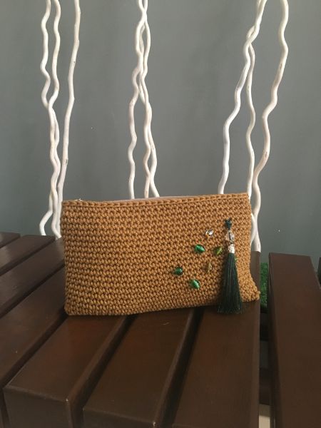 Örgü Taş Boncuk İşlemeli Püsküllü Clutch Çanta