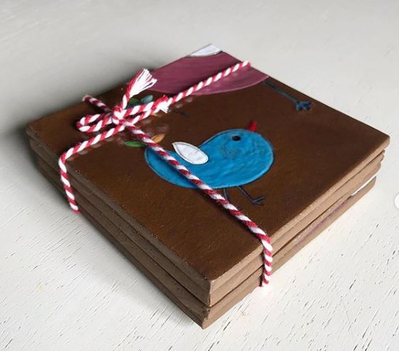 Seramik Bardak Altlığı/Puzzle 4 lü Set  Kuş Desen